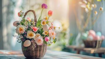 ai generado un Pascua de Resurrección flor arreglo ramo de flores en un cesta con Pascua de Resurrección huevos soportes en el festivo comida mesa en Pascua de Resurrección Mañana. foto