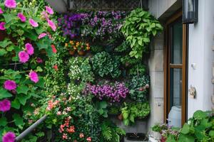 ai generado patio y balcón verdor. jardines en el paredes foto