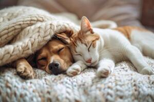 AI generated Cute dog and cat sleeping together in bed under blanket. Friendship of cute pets concept. photo