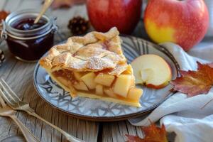 ai generado plato con un rebanada de horneado manzana tarta. foto