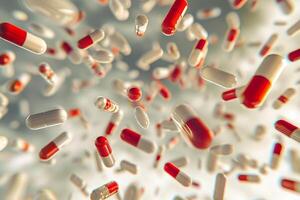 AI generated A group of antibiotic pill capsules falling. photo