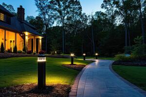 AI generated Light posts illuminated backyard garden during night hours. Modern backyard outdoor lighting systems. photo