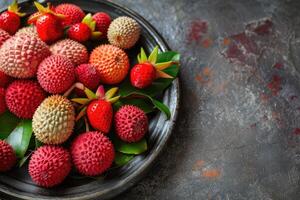 ai generado surtido de sabroso y Fresco lychee exótico frutas foto