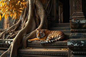 AI generated Tiger relaxing on stairs with a tree behind it, in the style of Buddhist art and architecture. photo