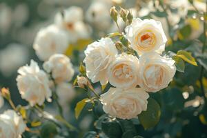 AI generated Beautiful blooming white roses on bush outdoors, closeup photo