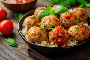 AI generated Delicious homemade chicken or turkey meatballs with rice, vegetable and tomato sauce. photo