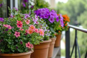 AI generated Colorful flowers growing in pots on the balcony. photo