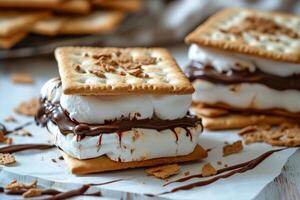 AI generated Homemade marshmallow s'mores with chocolate on crackers. photo
