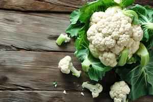 AI generated Fresh raw cauliflower on wooden table, top view. Space for text. photo