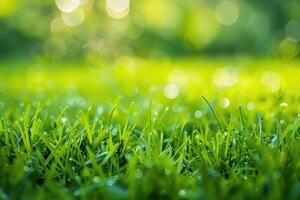 AI generated Vibrant green grass blades covered in sparkling water droplets photo