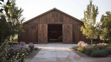 AI generated Brown barn on farm landscape photo