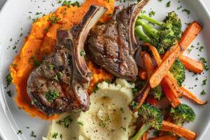 AI generated Roasted lamb chops with a side of mashed sweet potato and steamed vegetables. The steamed vegetables are a mix of broccoli and carrots. photo