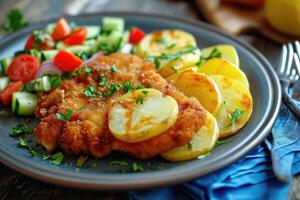 AI generated Schnitzel with potatoes and vegetables.. photo