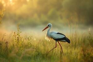 AI generated White stork ciconia ciconia the bird is walking in the meadow dawn. photo