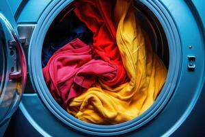 AI generated Washing machine with color clothes inside. photo