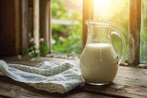 AI generated Glass jug of fresh milk on wooden table. photo