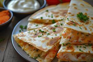 ai generado Mariscos Quesadilla con cangrejo y crema queso. foto