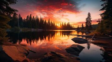 AI generated Breathtaking moment of lake and sunset colors photo
