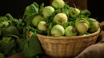 AI generated Woven basket filled with vibrant, crisp kohlrabi photo