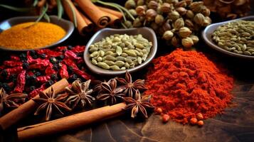 AI generated The diversity of spices in close up, showing the richness and variety of the flavors photo