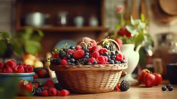 AI generated Vintage kitchen with a basket of mixed berries photo