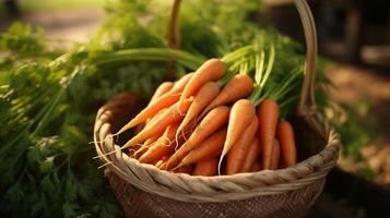 ai generado tejido cesta lleno con granja Fresco y vibrante zanahorias foto