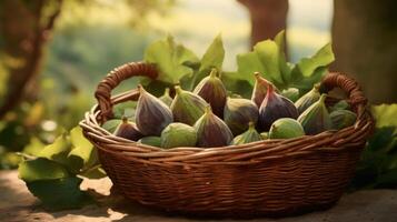 AI generated Ripe figs in rustic farmhouse basket photo