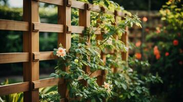 AI generated Wooden trellis providing support for climbing plants photo