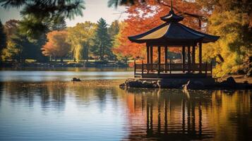 ai generado un escénico ver de un pagoda en el borde de un tranquilo lago con un claro cielo foto