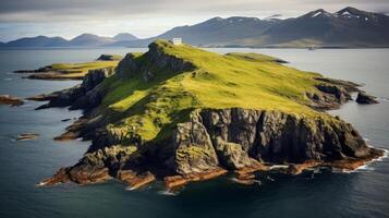 AI generated An isolated island with steep cliffs and green vegetation photo