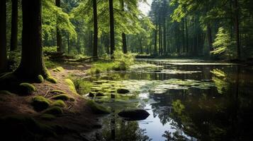 AI generated A pond in a forest with reflections of trees and a blue sky photo