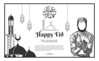 contento eid Mubarak bandera vector ilustración en negro y escribir