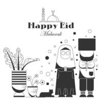 Happy Eid Mubarak template in black and white style vector