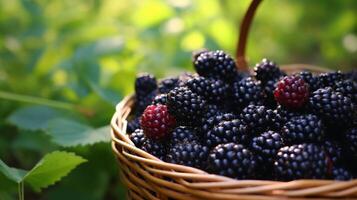 AI generated A basket full of juicy blackberries on a dark background photo