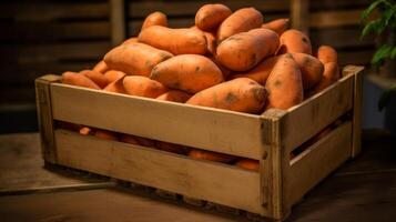 AI generated Charming display of sweet potatoes in a rustic crate photo