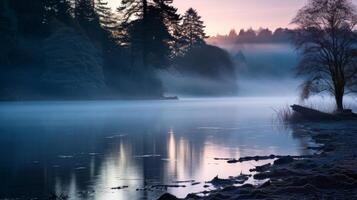 ai generado amanecer paisaje con lago y niebla creciente foto