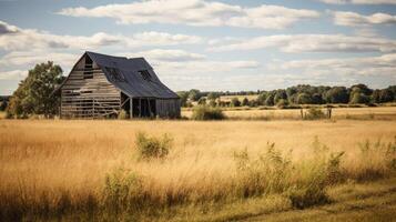 AI generated Rustic barn surrounded by green grass and trees photo