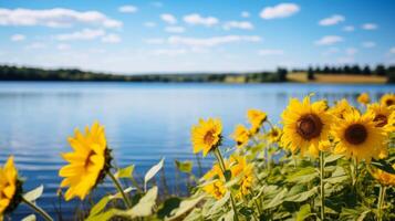 ai generado tranquilo lago y girasol campo en verano foto