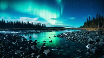 AI generated Remote river with northern lights and reflection photo