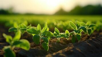 ai generado pulcramente plantado haba de soja campo destacando el precisión de filas con joven plantas foto