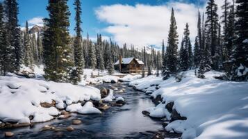 ai generado un acogedor y rústico Iniciar sesión cabina en el medio de un Nevado desierto con pino arboles y montañas foto