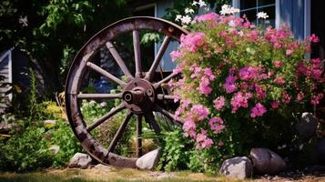 AI generated Garden adorned with a vintage plow wheel for a rustic touch photo