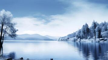 ai generado lago escena en azul y blanco contraste foto
