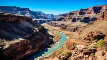 AI generated Winding river and layered canyon rocks photo