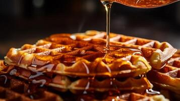 AI generated Close up of Golden brown waffle with syrup pouring over photo