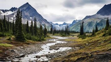 AI generated A scenic view of a mountainous landscape with snow and clouds photo