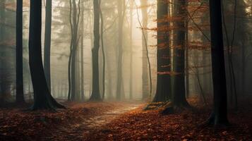 AI generated A tranquil landscape of a forest shrouded in fog with beams of light shining from above photo