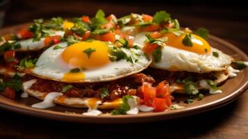 ai generado clásico huevos rancheros plato con mexicano instinto foto