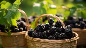 AI generated Baskets filled with sun ripened and juicy blackberries photo