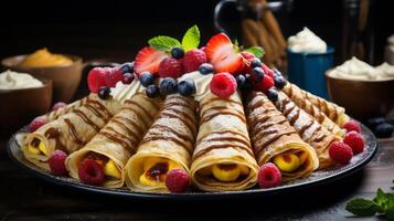 ai generado saborear el sabores con un dulce y sabroso crepe escaparate foto